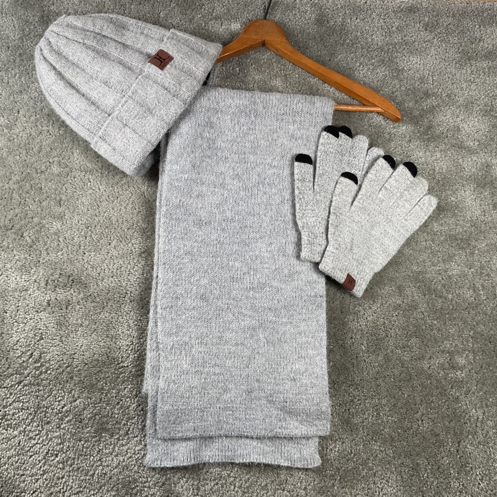 Dadou&Xiaoshan Scarf Beanie Gloves Set Unisex OS Grey Fleece Lined Touchscreen